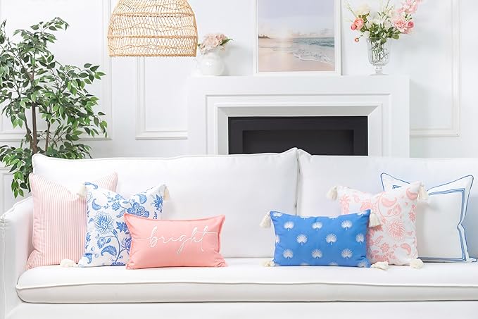 Hofdeco Premium Coastal Patio Indoor Outdoor Pillow Cover Only, 18"x18" Water Repellent for Backyard, Couch, Cornflower Blue Embroidered Palm Leaf Tassel