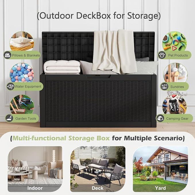 Outdoor Storage Box, 72 Gallon Resin Deck Boxes Outdoor Waterproof For Patio Furniture, Garden Tools, Pool Supplies, Lockable And UV Resistant (Rattan Black)