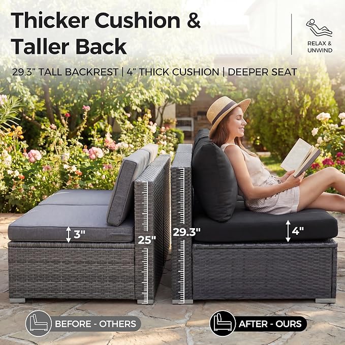 NICESOUL 9 Piece Outdoor Patio Sectional Furniture Set with Firepit Table Natural Gas/Propane, 29.3 High Back Comfy Conversations for Outside, 8 Seats Large Rattan Couch, 2 Color Cushion Black &Grey