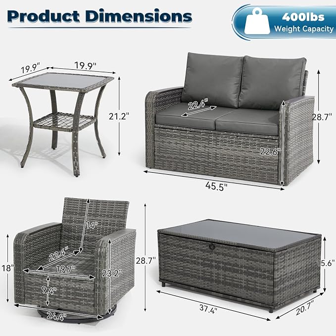 5 Pieces Outdoor Furniture Set with Swivel Chairs, Wicker Patio Furniture Sets for Porch Deck Bistro Lawn Garden Backyard Poolside-Grey Rattan/Grey
