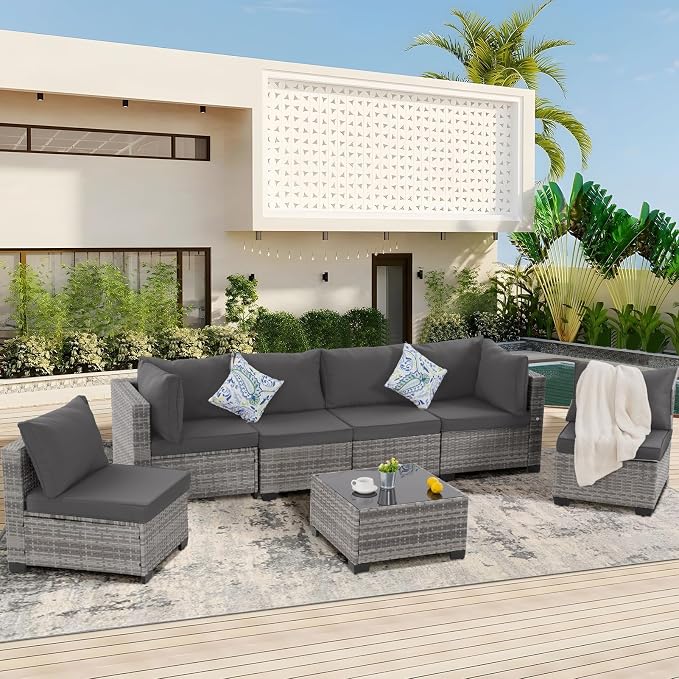 FHFO 7 Piece Outdoor Wicker Patio Furniture Set, Grey/Dark Grey | Sectional Sofa | All-Weather Hand-Woven Rattan | Tempered Glass Coffee Table | Free Combination | Indoor & Outdoor Use