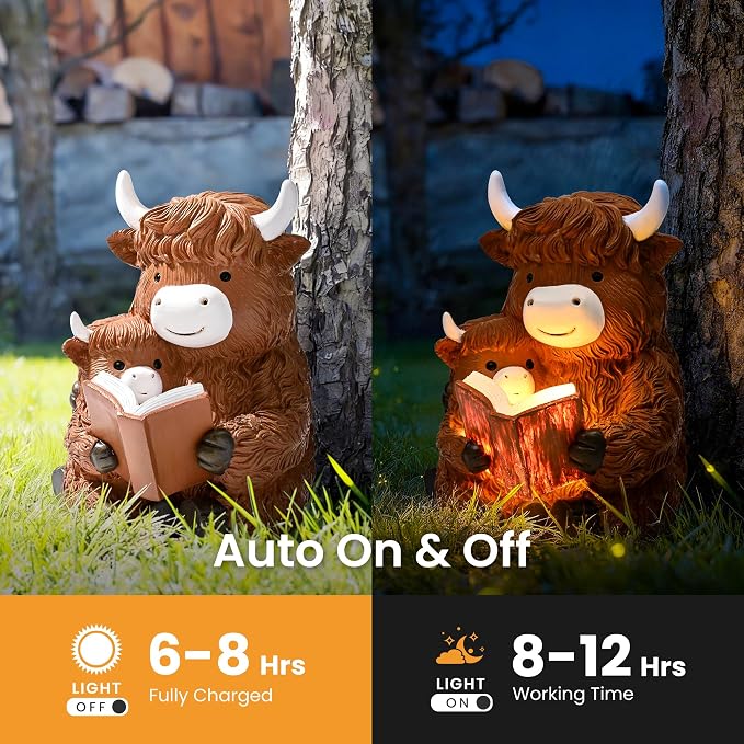 GIGALUMI Solar Highland Cow Decor 8" Garden Statue, Outdoor Decor, Decoration with Light for Patio Yard Lawn Balcony, Christmas/Birthday Gifts for Mom Women
