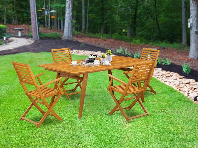 East West Furniture DEBS5CANA 5 Piece Patio Dining Set Includes a Rectangle Outdoor Acacia Wood Table and 4 Folding Arm Chairs, 40x72 Inch, Natural Oil
