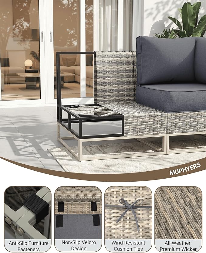 Outdoor Patio Furniture Set 9-Piece PE Rattan Wicker Outdoor Sectional Sofa with 5,000 BTU Fire Pit Table, Modern Modular L-Shaped Conversation Set with Thickened Cushions and Chunky Arms, Slate Grey