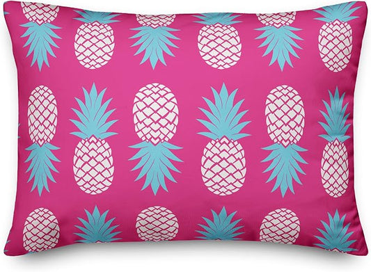 Pink and Blue Pineapples Indoor/Outdoor Pillow | Decorative Pillows for Living Room Couch Bed Sofa Patio, Fluffy Soft Cushion | Water Resistant Pink, 14x20