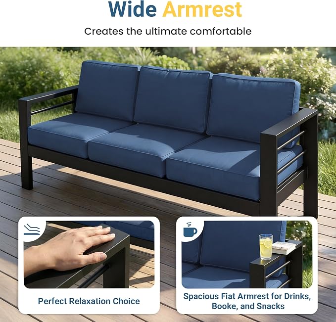 Wisteria Lane 6 Pieces Aluminum Patio Furniture Set with Umbrella, All Weather Oversized Outdoor Furniture Set with Deep Seat and Back Cushion, Patio Conversation Sets with Wide armrest, Blue & Navy