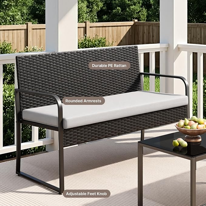 Gizoon 8 Piece Outdoor Patio Furniture Set, Outdoor Black Wicker Patio Furniture with Glass Coffee Table, Modern Rattan Chairs Conversation Set, for Porch, Garden, Lawn, Grey Cushion