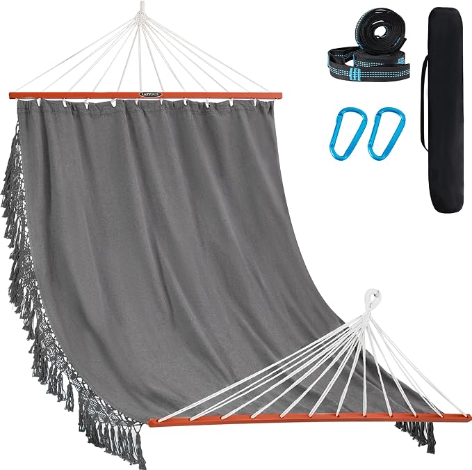 Lazy Daze Hammocks Cotton Fabric Double Hammock with 55" Spreader Bar, Portable Camping Hammock with Carrying Bag & Tree Straps for Patio, Backyard, Balcony, 450lbs Capacity, Dark Gray