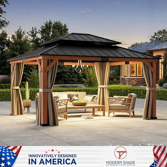Modern Shade Rosewood Wood Gazebo 13' x 15', Permanent Hardtop Gazebo with Double Galvanized Steel Roof, Mosquito Netting and Yard-Dyed Curtains, Cedar Outdoor Gazebo with Sturdy Hooks for Backyard