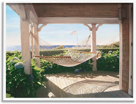 'Tranquil Hammock Warm Sunlit Porch Rural'| Framed Giclee Art | Stupell Industries | White, 30 x 24 Inches, Easy to Hang and Sturdy, Made in USA, by Tom Mielko