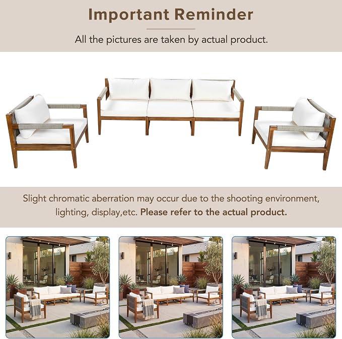 JIVOIT 3 Pieces Outdoor Rope Woven Sectional Sofa Set, Solid Acacia Wood Patio Conversation Set with Three-Seater Sofa and 2 Armchairs, Removable Cushions for Backyard, Deck and Poolside (Beige/24)