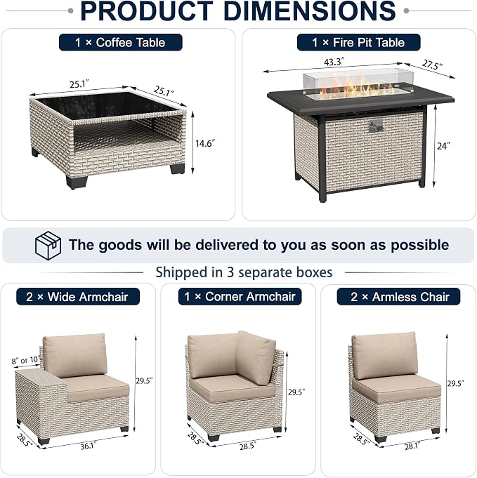 7-Piece Outdoor Patio Furniture Set with Fire Pit, Modular Sectional Sofa Set with Glass Coffee Table and Cushions, Wicker Outdoor Couch Conversation Sets, Khaki