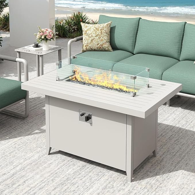 7-Seat Aluminum Patio Conversation Set, Modern Outdoor Sofa with Oversized Fire Pit Table (Glass Wind Guard), 6.5" Thick Cushions, All-Weather for Balcony, Garden (White)