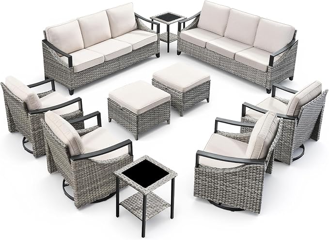 10 Piece Wicker Patio Furniture Sets-High Back Wicker Swivel Rocker Patio Chairs Set of 4 with Thick Cushions Ottomans, Outdoor Sofa, Patio Conversation Sets for Porch Balcony Patio Deck Grey/Beige