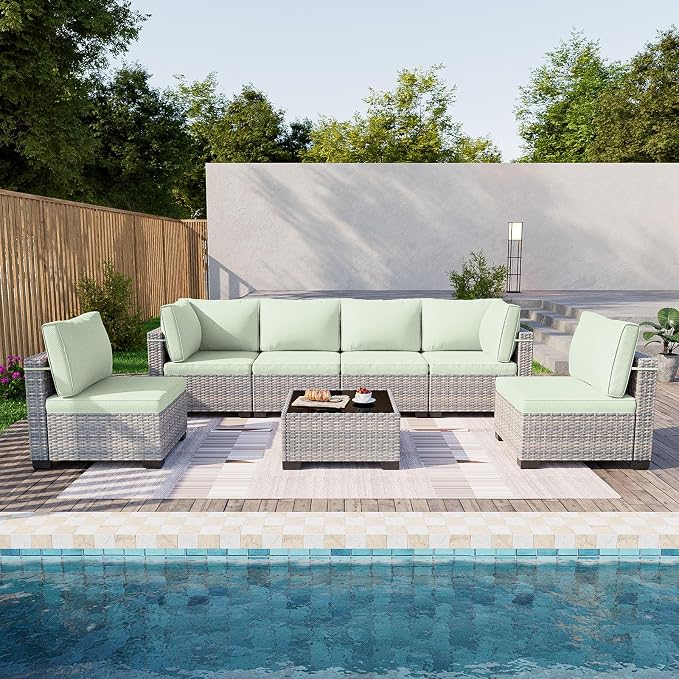 7-Piece Patio Furniture Set, Outdoor Sectional with Thick Cushions, Modular Patio Sofa, Dual-Strand Wicker Rattan, Rust-Resistant Frame, Backyard Furniture for Garden, Deck, Light Green