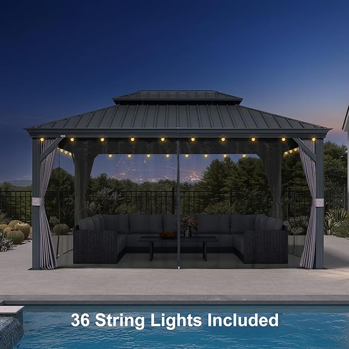 PURPLE LEAF 11' X 15' Hardtop Gazebo with Light Aluminum Gazebo with Galvanized Steel Double Roof for Patio Lawn and Garden Curtains and Netting Included Grey
