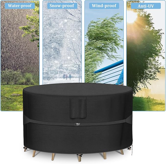 RICHIE Round Patio Furniture Covers - 600D Heavy Duty Waterproof Outdoor Table Cover, Lawn Furniture Set Covers for Dining Table and Chairs Seating 110"DIAx28"H