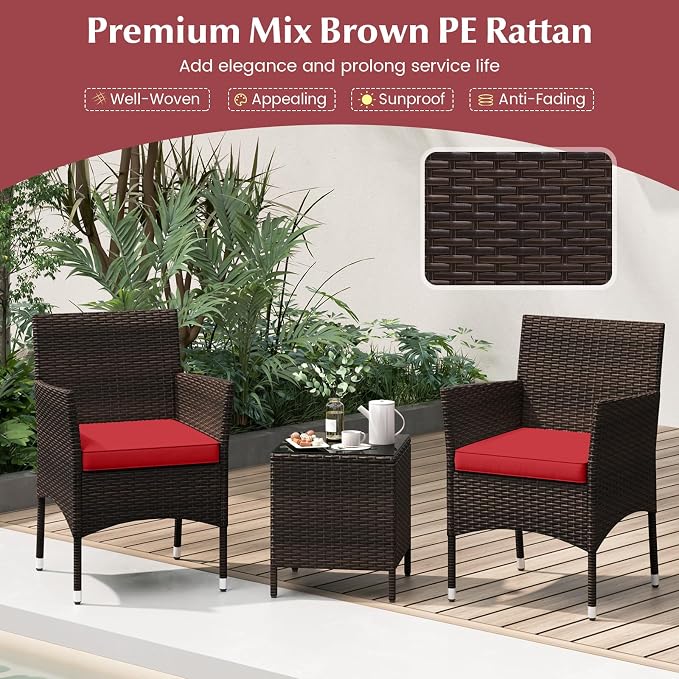 RELAX4LIFE 3-Piece Patio Furniture Set - Rattan Wicker Outdoor Conversation Set w/Cushions & Glass Coffee Table, Balcony Furniture for Porch Garden Backyard, Bistro Table and Chairs Set of 2 (Red)