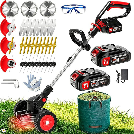 Electric Weed Wacker Cordless Eater, 21V String Trimmer Battery Powered with 2 Batteries, 3-in-1 Grass Trimmer/Lawn Edger/Brush Cutter with 4 Types Blades & Wheels, Weed Trimmer for Garden and Yard