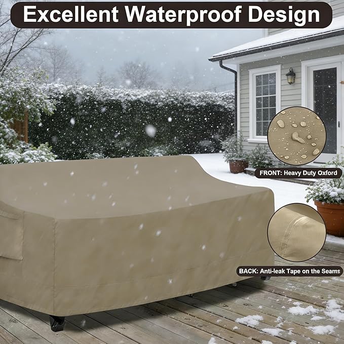 PureFit Outdoor Couch Cover Waterproof Patio Sofa Furniture Covers, 3-Seater Outdoor Cover with Air Vent and Handles, 85W x 35D x 35H Inches, Camel
