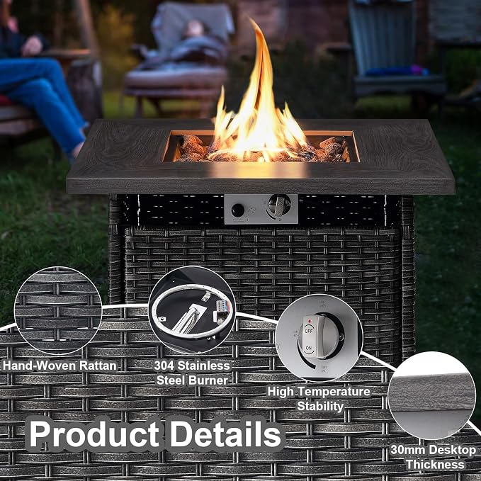 HUMMUH Patio Furniture with Fire Pit 4-Piece Wicker Outdoor Sectional Couch with Swivel Rocking Chairs, Propane Fire Pit Conversation Set for Garden, Backyard, Deck