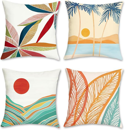 Bonhause Tropical Summer Pillow Covers 18x18 Set of 4 Beach Palm Tree Boho Decorative Throw Pillow Cases Soft Velvet Outdoor Pillow Covers for Patio Sofa Couch Bedroom Home Decor