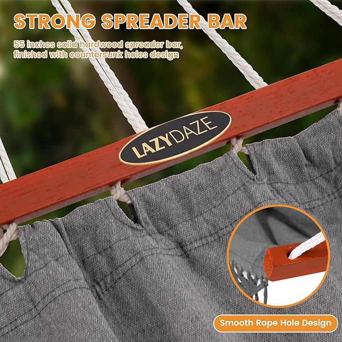Lazy Daze Hammocks Cotton Fabric Double Hammock with 55" Spreader Bar, Portable Camping Hammock with Carrying Bag & Tree Straps for Patio, Backyard, Balcony, 450lbs Capacity, Dark Gray