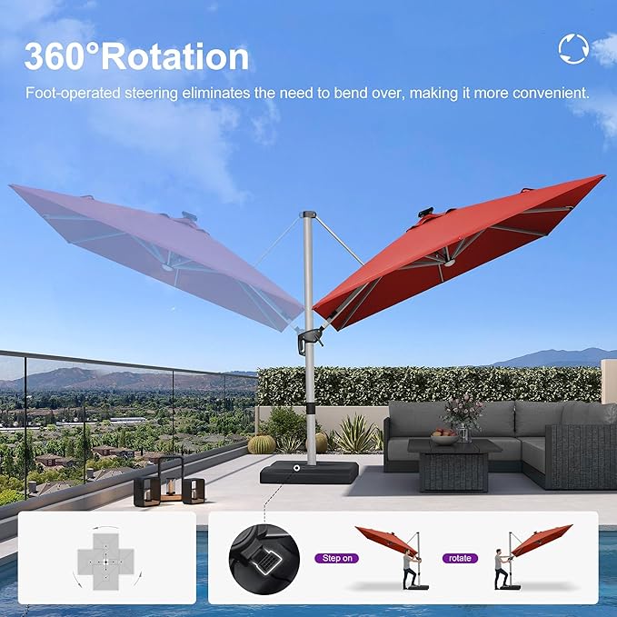 PURPLE LEAF Patio Umbrella with base 10 Feet Outdoor Square Cantilever Umbrella Solar Powered LED with 360-degree Rotation for Garden Deck Pool Patio, Brick Red