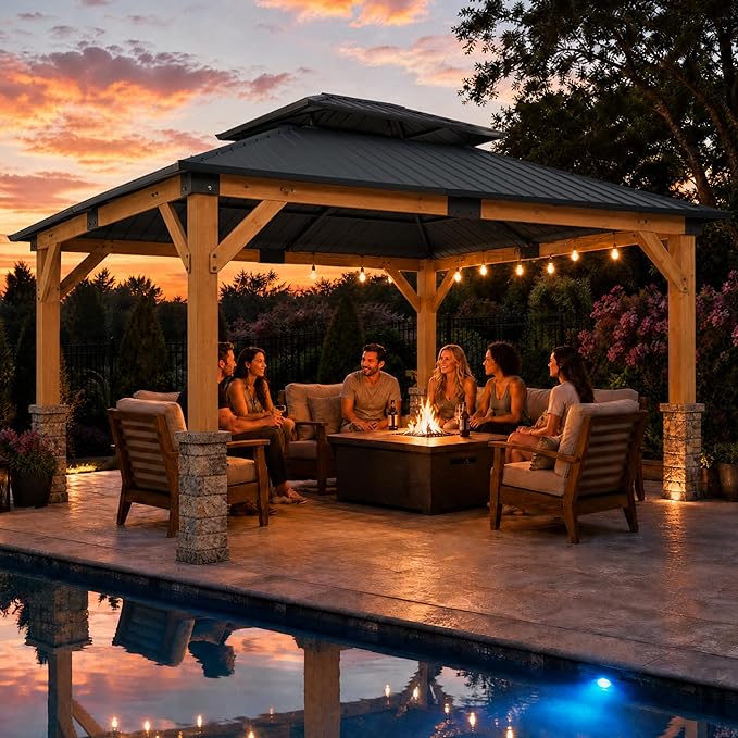 10' x 12' Wood Gazebo, Permanent Pavilion with Hardtop Galvanized Steel Double Roof, Cedar Gazebo with 4.72" Thickened Wooden Posts for Poolside, Patio, Backyard, Garden and Deck