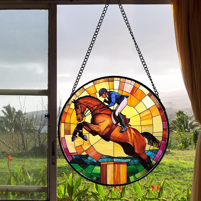 DASTOLL Stained Glass Window Hanging Equestrian Sports 6.3" - Horse Suncatcher Door Garden Sunroom Sun Catcher Home Decor Birthday Christmas for Mom Men Woman Nana