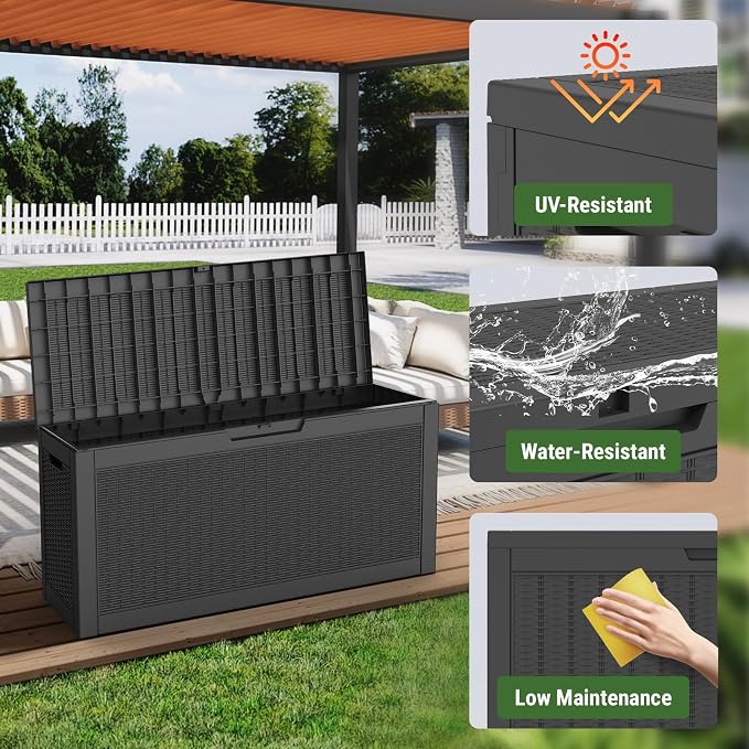Mars Villa 60 Gallon Deck Box, Waterproof Weatherproof and UV Resistant Resin Storage Bin with Lockable Lid, Ideal for, Outdoor, Patio Furniture Cushions, Pool Supplies, Garden Tools, Black