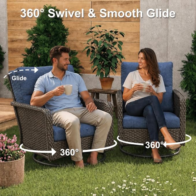 XIAO WEI 6-Piece Outdoor Furniture Set with Fire Pit Table, Wicker Patio Conversation Set with Cushions & Swivel Glide Chairs, All-Weather Patio Furniture Set for Backyard, Garden, Deck (Blue)