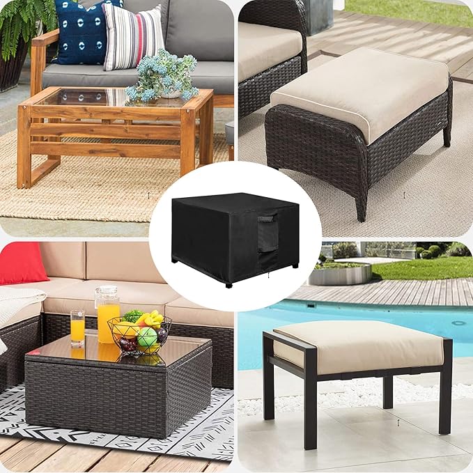 OutdoorLines Outdoor Waterproof Patio Ottoman Covers - Square UV-Proof Patio Side Table Cover Windproof Heavy-Duty Furniture Covering Protector 33L x 33W x 17H Inch, Black