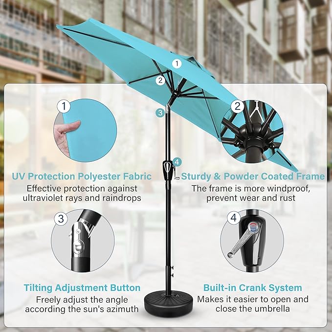 Simple Deluxe 7.5ft Patio Umbrella Outdoor Table Market Yard Umbrella with Round Umbrella Base Stand for Garden, Deck, Backyard, Pool, Turquoise
