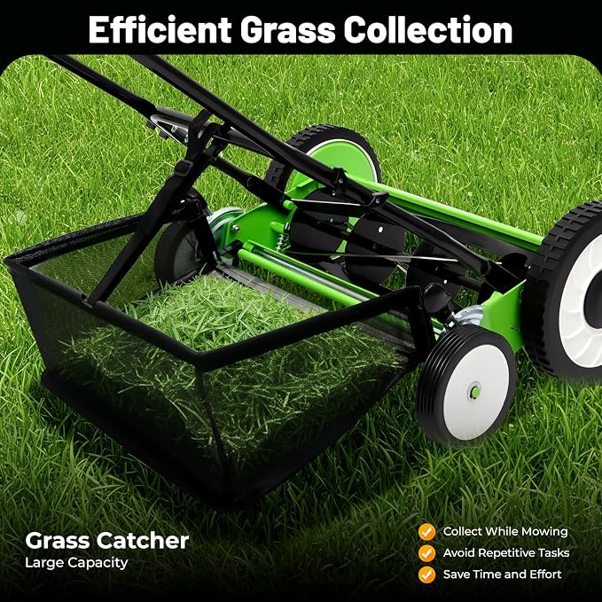 Push Reel Lawn Mower 16 inch, 5 Blades Manual Push Mower No Motor, 1.34-2.52in Adjustable Cutting Height, Walk-Behind Lawn Mowers with Grass Catcher Bag for Green Lawns, Driveways, Courtyards