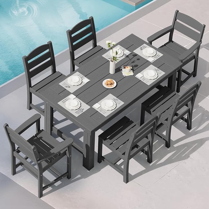 SERWALL HDPE Outdoor Dining Table and Chairs Set for 6 | with Armless Chair Seat
