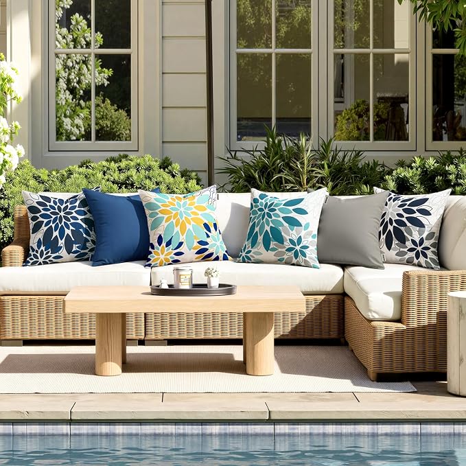 Floral Outdoor Pillow Covers Light Blue Yellow 18x18 Set of 2 | Waterproof Throw Pillow Cases Spring Decorative Summer Cushion Covers for Patio Furniture Garden Bench Porch Sofa