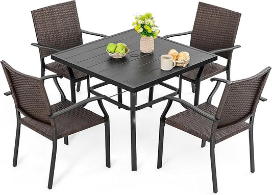 NUU GARDEN Outdoor Dining Set 5-Piece Patio Dining Set with Umbrella Hole, Weather-Resistant Iron Table with 1.57'' Umbrella Hole and 4 Wicker Chairs for Yard, Deck and Poolside, Black