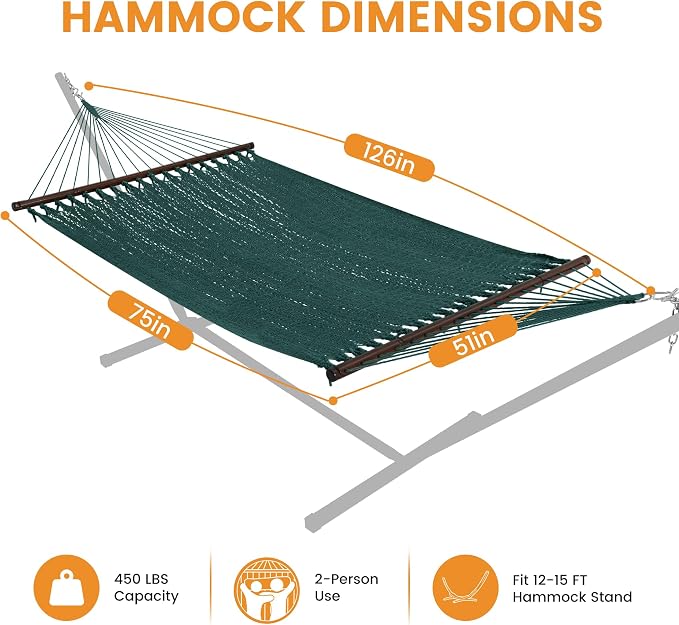Lazy Daze Hammocks 10.5 FT Double 2 Person Caribbean Rope Hammock, Hand Woven Polyester Hammock with Spreader Bars, for Outside Outdoor Backyard Patio Poolside, 450 LBS Capacity, Green
