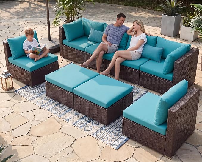 NICESOUL 8 Piece Outside Furniture Set, 29.3'' High Back Deep Seating Wicker Patio Modular Sectionals, Oversized Modern Comfy Conversation Sets for Backyard, Brown Rattan and Teal Cushion