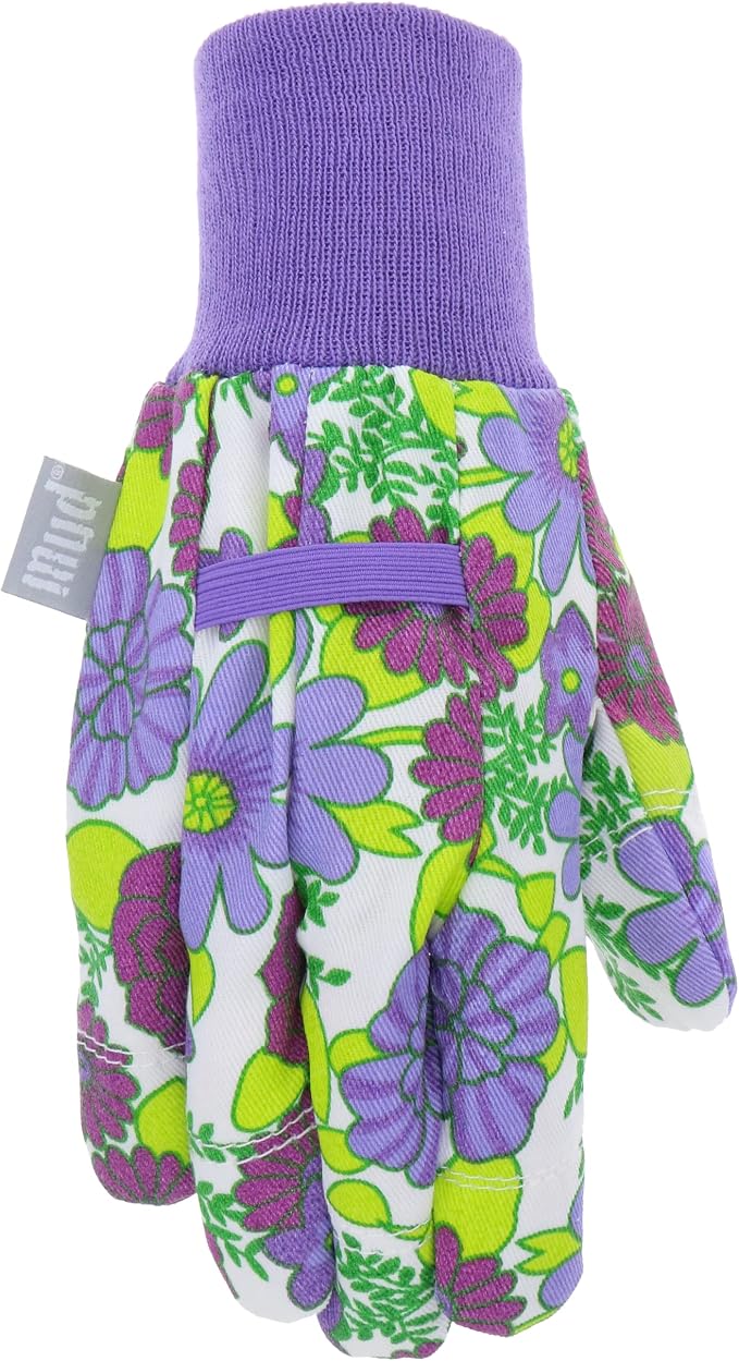 MUD Jersey & Chore Women's Garden Glove, Breathable, Elastic, Reinforced Fingertips, Purple Floral, M/L