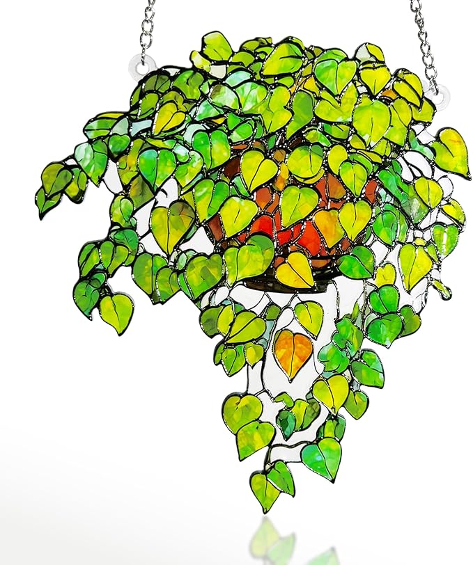 Plant Suncatcher Glass, Stained Glass Suncatcher Plant Window Hanging, Unique Nature Lover Gifts Leaf (Green)