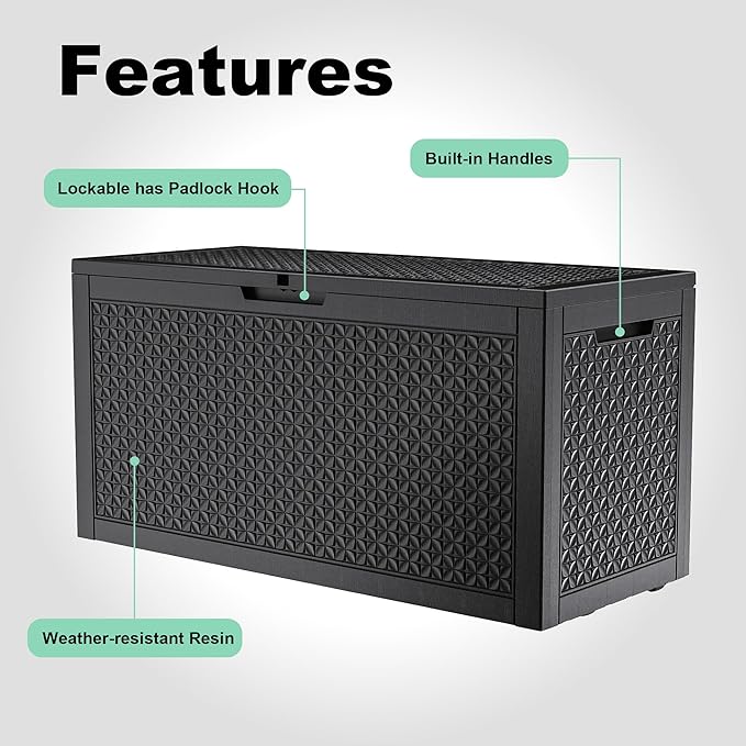 ROJIK 110 Gallon Deck Box Outdoor, Waterproof Outdoor Storage Boxes with Lids, Outside Resin Lockable Storage Box for Patio Cushions, Garden Tools(Black)