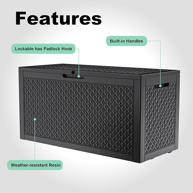 Large Outdoor Storage Box Waterproof, UV Resistant Resin Deck Box for Patio Furniture,Garden Tools,Cushions (Black, 110 Gallon)