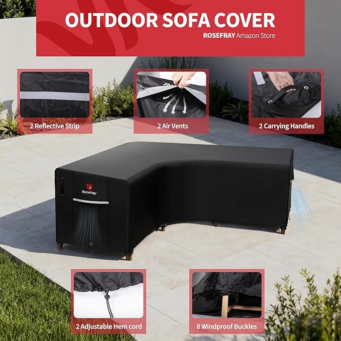 Rosefray 600D Outdoor V-Shaped Sectional Cover,Heavy Duty Anti UV Patio Sectional Sofa Cover with Air Vent, Waterproof Furniture Covers for Deck, Lawn,Backyard 100"x100" Black