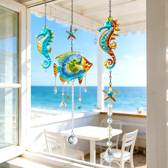 18.5inch Tropical Fish Crystal Suncatcher for Window Hanging Coastal Decor | Prism Sun Catchers Indoor Window,Metal Sun Catcher for Beach Ocean Garden Home Indoor Decor,Ocean Gift For Beach Lovers