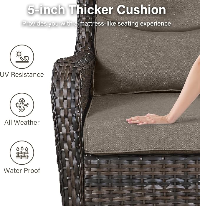 Outdoor Swivel Rocker Patio Chairs Set of 4 with Side Table - 5" Thick Cushion 6 Piece Furniture Set All Weather Comfortable Wicker Conversation Set for Porch Poolside and Deck - Brown/Gray