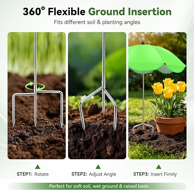 1Pack Plant Umbrellas for Outdoor Plants, Upgraded 360° Rotating 3-Prong Ground Stake for Stronger Grip, Stable Garden Shade Umbrella for Flowers, Vegetables, Fruit Trees, Raised Beds & Planters Green