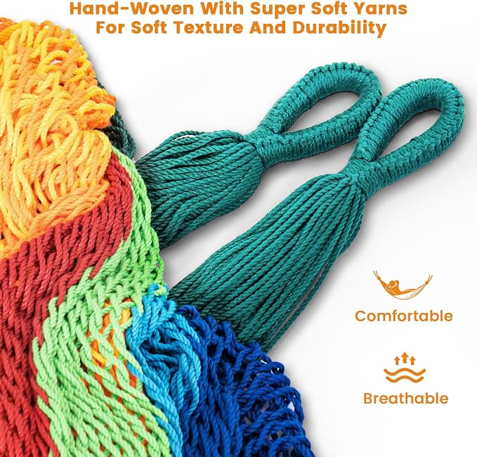 Lazy Daze Hammocks Handwoven Mayan Hammock with Heavy Duty Steel Stand, 10.5 FT Soft Rope Double Hammock for Patio Outside, 550 lbs Weight Capacity, Multi Color