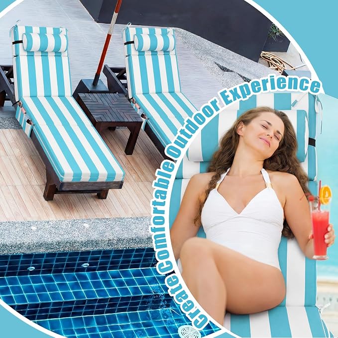 RattanView 1 Pcs Outdoor Chaise Lounge Cushion with Pillow and Side Pockets Waterproof Lounge Chair Cushion for Outdoor Furniture Patio Lounger Pad for Outside Pool Lawn (Sky Blue White,72 x 21 x 4)
